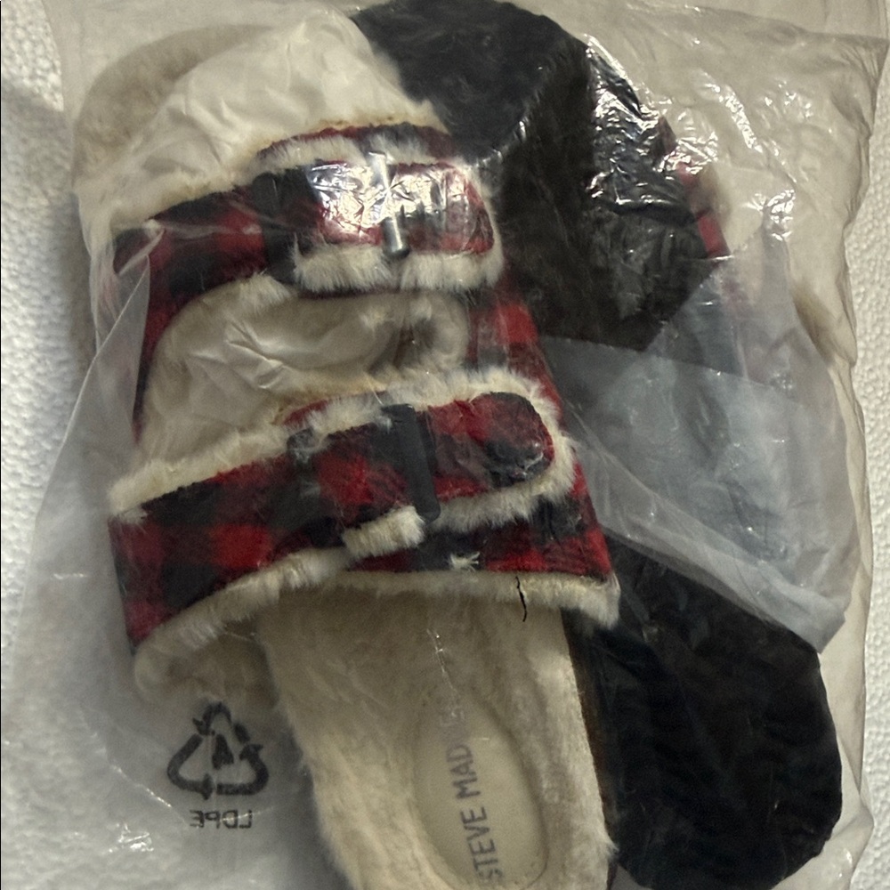 Steve Madden Red and Black Fuzzy Buckle Slippers